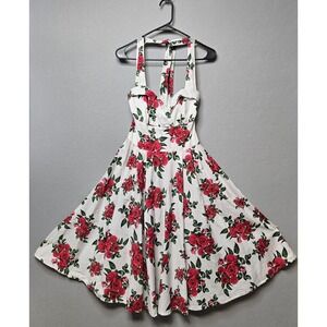 Hell Bunny  Womens Small White and Red Roses Rockabilly 50s Cannes‎ Swing Dress